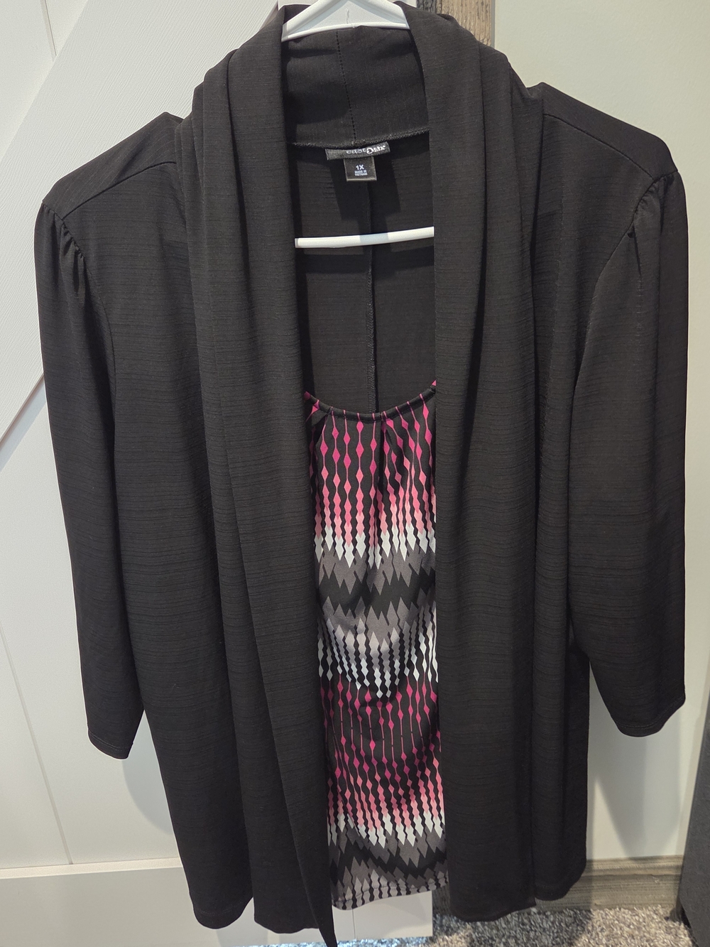 East 5th Black Open Attached Cardigan with Pink Patterned Shell